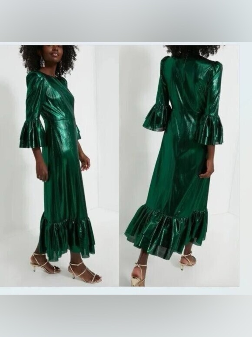 POMANDER PLACE Lilith Emerald Green Metallic Ruffle-Hem Maxi Dress NWT $188
